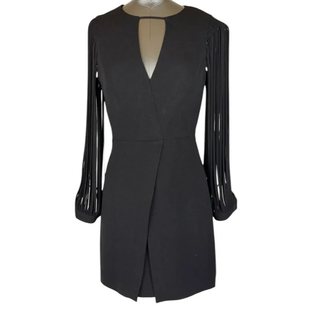 Halston Heritage Dress Womens 4 Black Fringe Sleeve Keyhole Mini Sheath Party
